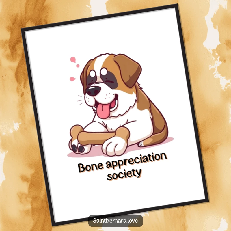 Funny Saint Bernard Poster: Artwork of a contented Saint Bernard sighing happily while lounging with a bone, humorous dog wall art.