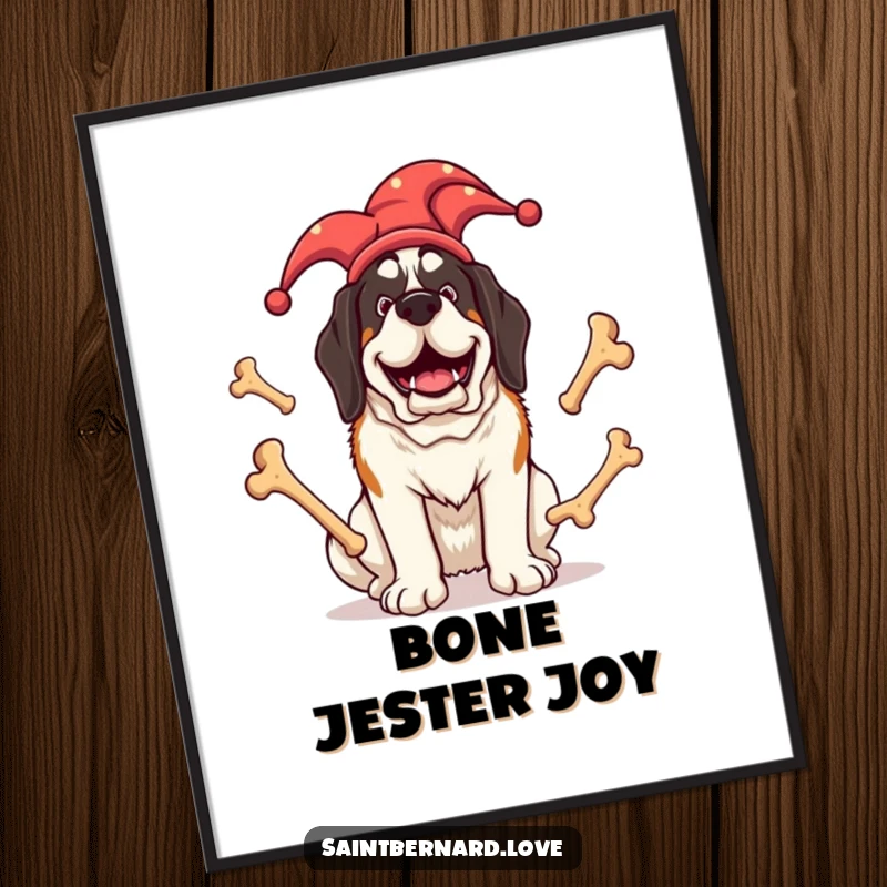 Funny Saint Bernard poster featuring a giant dog in a jester hat, juggling large bones with a happy, comical demeanor, perfect for wall decor.