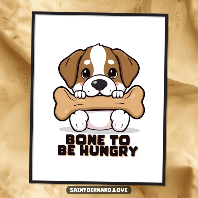 Funny Saint Bernard poster with a kawaii dog peeking playfully from behind a prominent dog bone, its eyes sparkling with mischief.