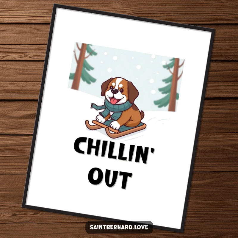 Funny Saint Bernard Poster of a dog in a scarf gleefully sledding down a snowy hill, vibrant winter art.
