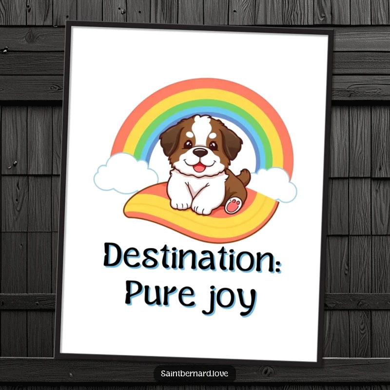 Funny Saint Bernard poster, depicting a big fluffy puppy joyfully sliding down a vibrant, cartoon rainbow with a whimsical, happy expression.