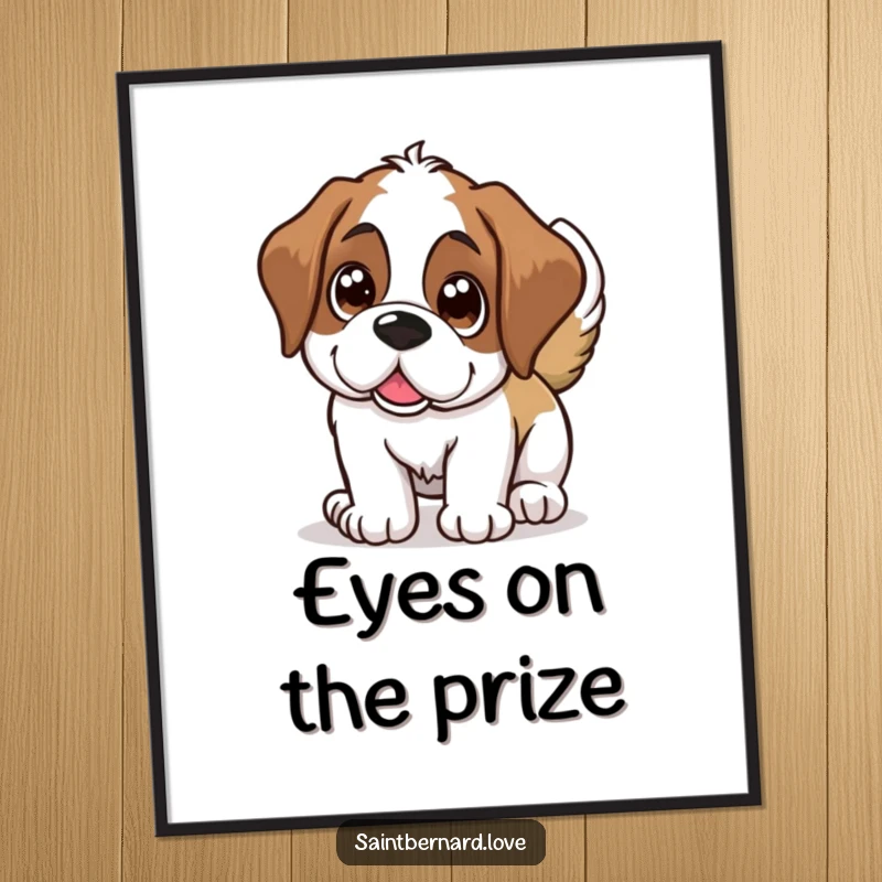 Funny Saint Bernard poster, a dog with huge shining eyes joyfully wagging its tail, heartwarming and humorous art.