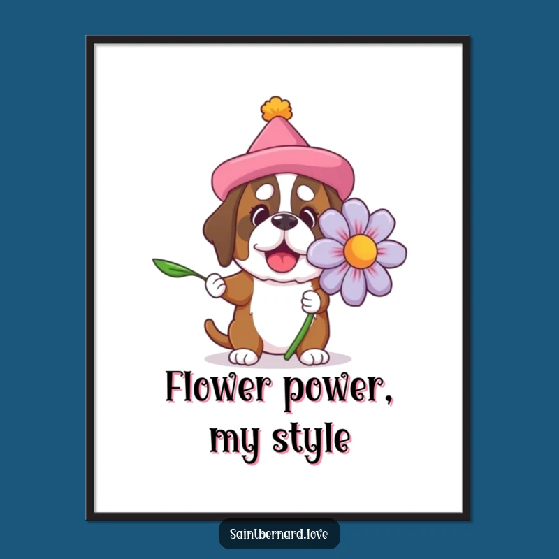 Funny Saint Bernard Flower Poster: Whimsical Big Dog Art for a Cheerful Home