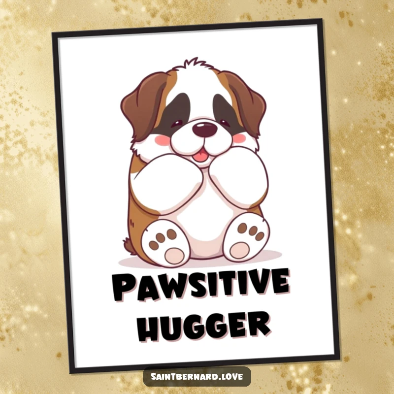 Funny Kawaii Saint Bernard Poster: A charming illustration of a kawaii Saint Bernard giving a big bear hug with its paws, embodying funny tenderness.