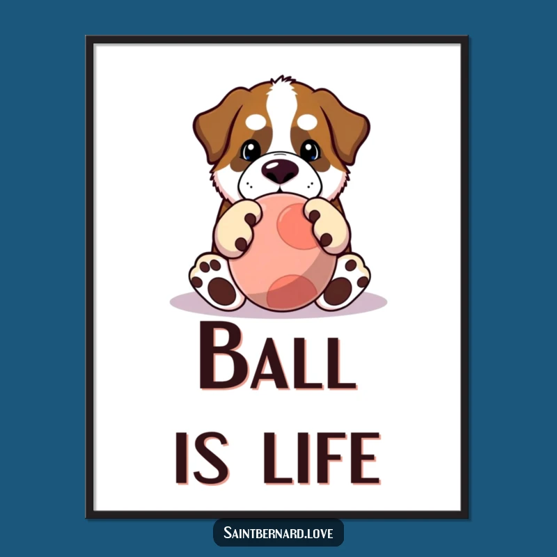 Funny Saint Bernard Art Print: Big Paws Playing Ball - Whimsical Dog Decor Gift