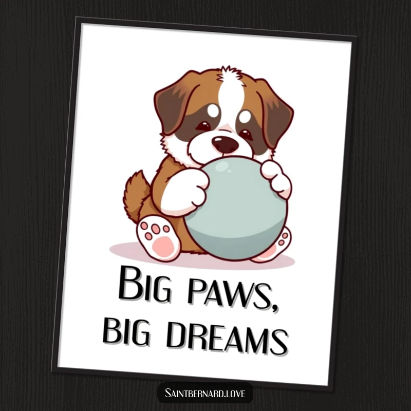 Funny Saint Bernard poster, kawaii dog with big paws playing large ball, playful humorous wall art, energetic illustration, perfect funny gift for dog owners.