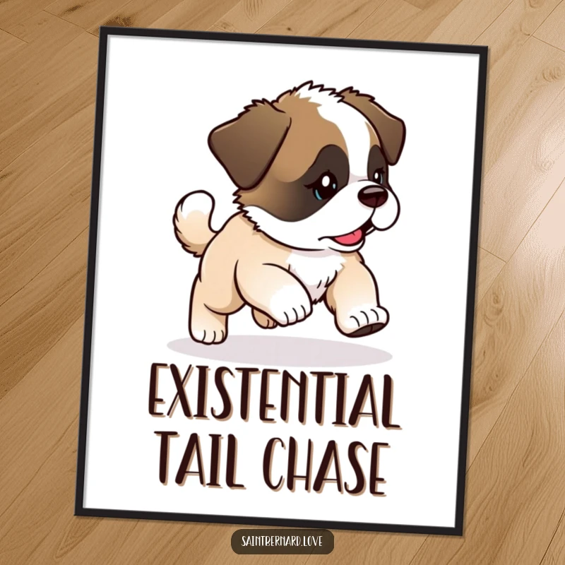 Funny Kawaii Saint Bernard Puppy Poster: Puppy chases tail with glee, charming funny gift.