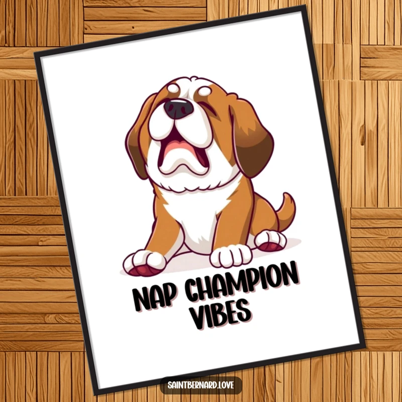 Funny Kawaii Saint Bernard Puppy Poster: Puppy stretches with a huge yawn, charming funny gift.