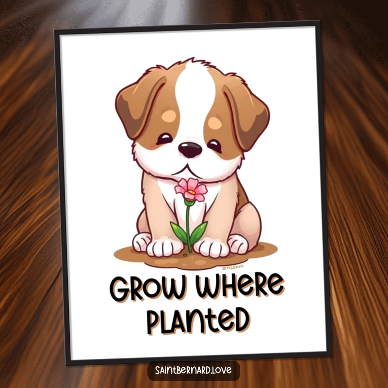 Funny poster of a soft Saint Bernard with a gentle expression, planting a tiny flower, creating a peaceful nature scene.