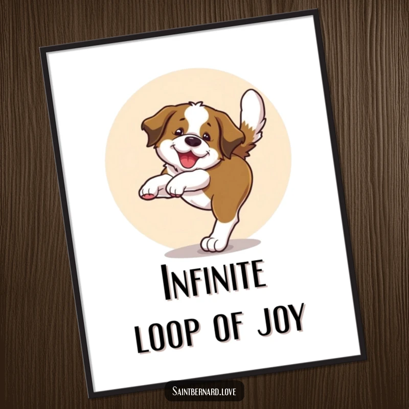 Funny poster of a Saint Bernard pup joyfully chasing its tail in a tight circle, radiating pure puppy excitement.