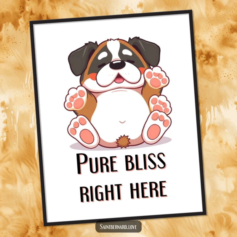 Funny Saint Bernard poster featuring a cute kawaii dog rolling on its back, paws playfully extended upwards, celebrating canine happiness in vibrant art.