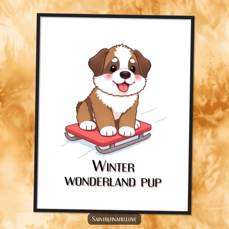Funny Poster of a fluffy Saint Bernard pup with rosy cheeks, gleefully sledding down a snowy hill, capturing winter magic.