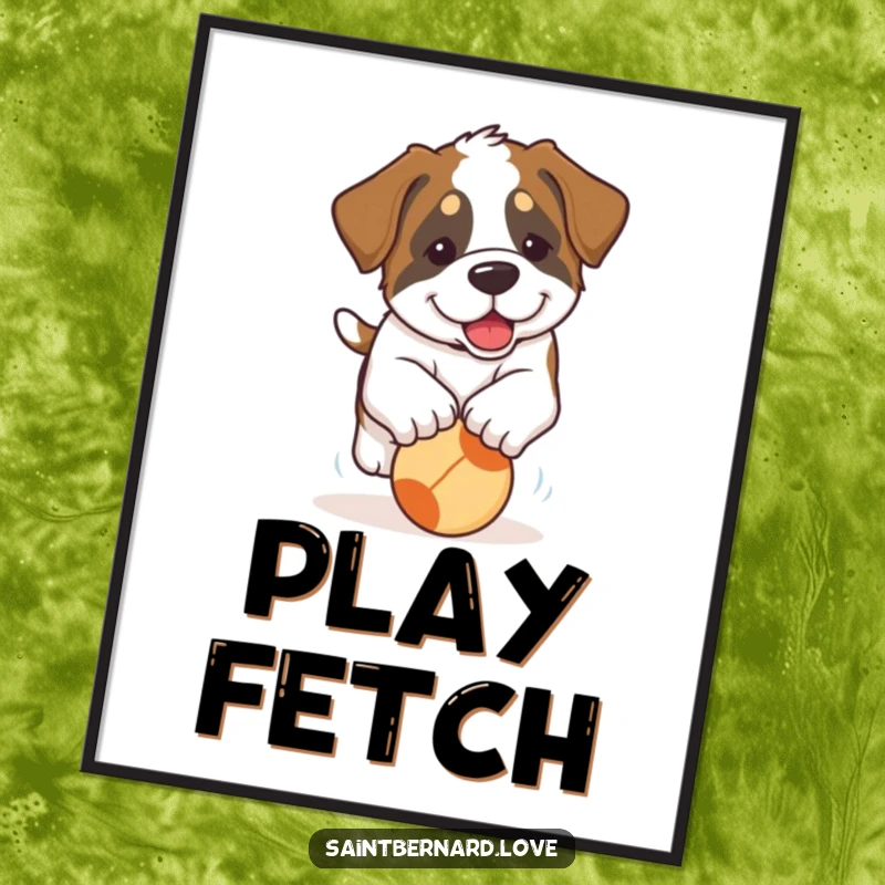 Funny Saint Bernard Puppy Poster: An artistic rendition of a Saint Bernard puppy with large, floppy ears joyfully chasing a bright ball.