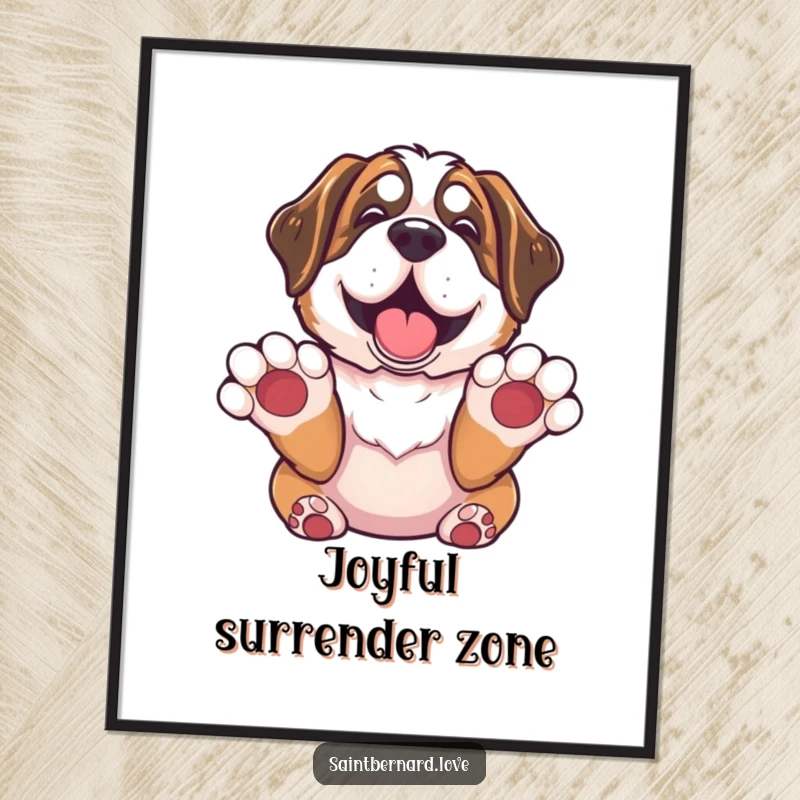Funny Saint Bernard Poster: Artwork of a Saint Bernard with paws up in surrender looking utterly delighted, humorous dog wall art.