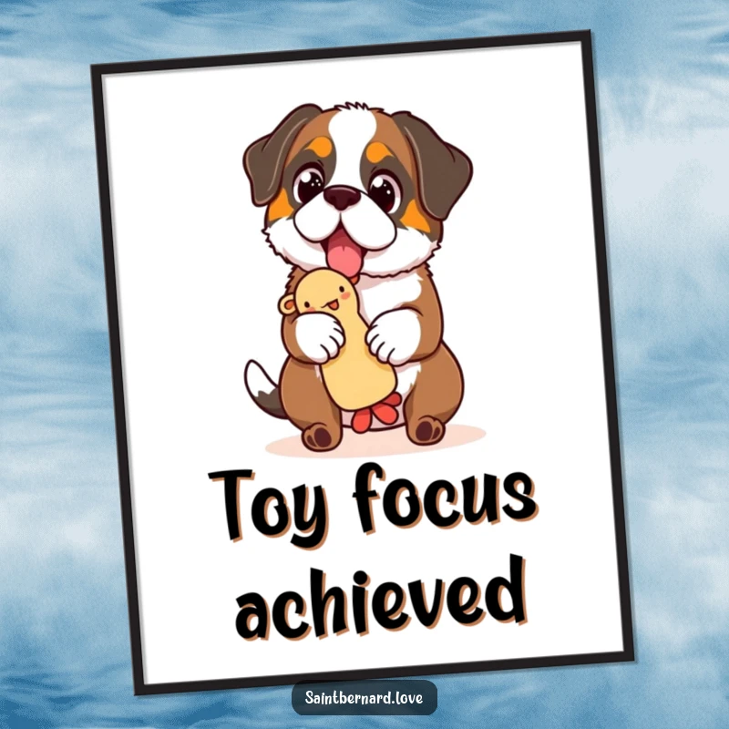 Funny Saint Bernard poster, a charming artwork of a dog with sparkling eyes, masterfully balancing a squeaky toy, a heartwarming scene.