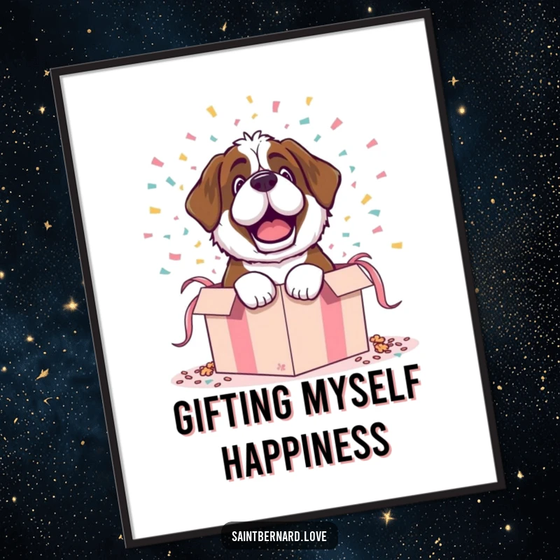 Funny poster depicting a Saint Bernard character dramatically bursting out of a gift box amid flying confetti, a joyful surprise.