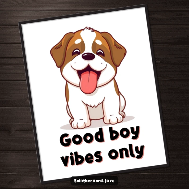 Funny Kawaii Saint Bernard poster, a cute dog's face with its tongue out, panting happily, adding humor to wall decor.