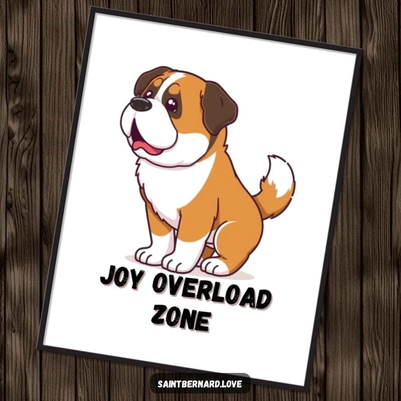 Funny Saint Bernard poster, art depicting a dog shaking its entire body due to an extremely enthusiastic tail wag, capturing pure delight.