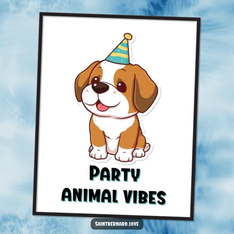 Funny Kawaii Saint Bernard Poster: A festive dog wearing a small party hat, adding cheer to any space.