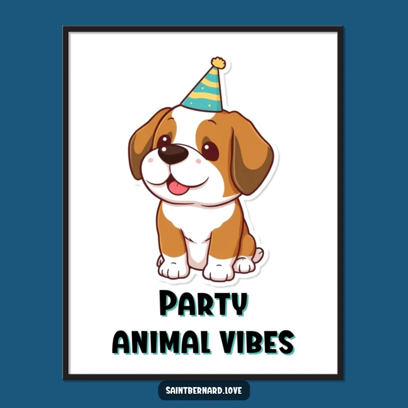 Funny Saint Bernard Party Hat Poster - Festive Dog Art Print, Decor Gift