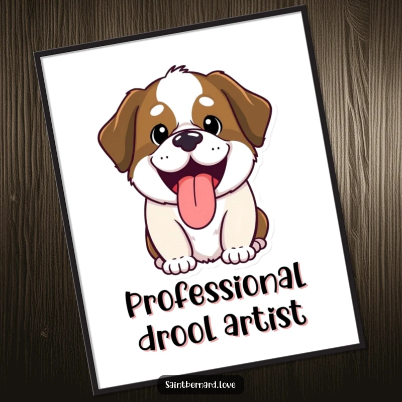 Funny Saint Bernard poster, kawaii dog panting with tongue out, happy and humorous wall art, vibrant illustration, perfect funny gift for dog enthusiasts.