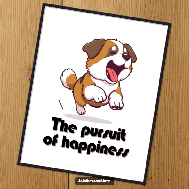 Funny Saint Bernard poster capturing a large dog's comical attempt to catch its tail, creating a dynamic and humorous wall art piece.