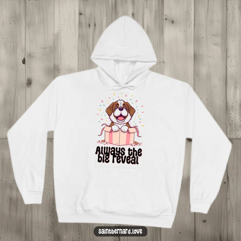 Funny hoodie with a Saint Bernard character dramatically bursting from a gift box with confetti, perfect for cozy fun.