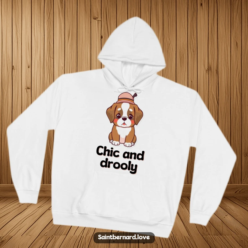 Funny Kawaii Saint Bernard hoodie, depicting a dog wearing a small, jaunty hat, offering cozy and stylish humor.