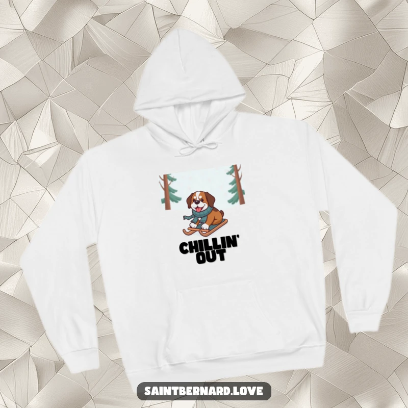Funny Saint Bernard Hoodie, a dog in a scarf joyfully sledding downhill, perfect for cozy winter humor.