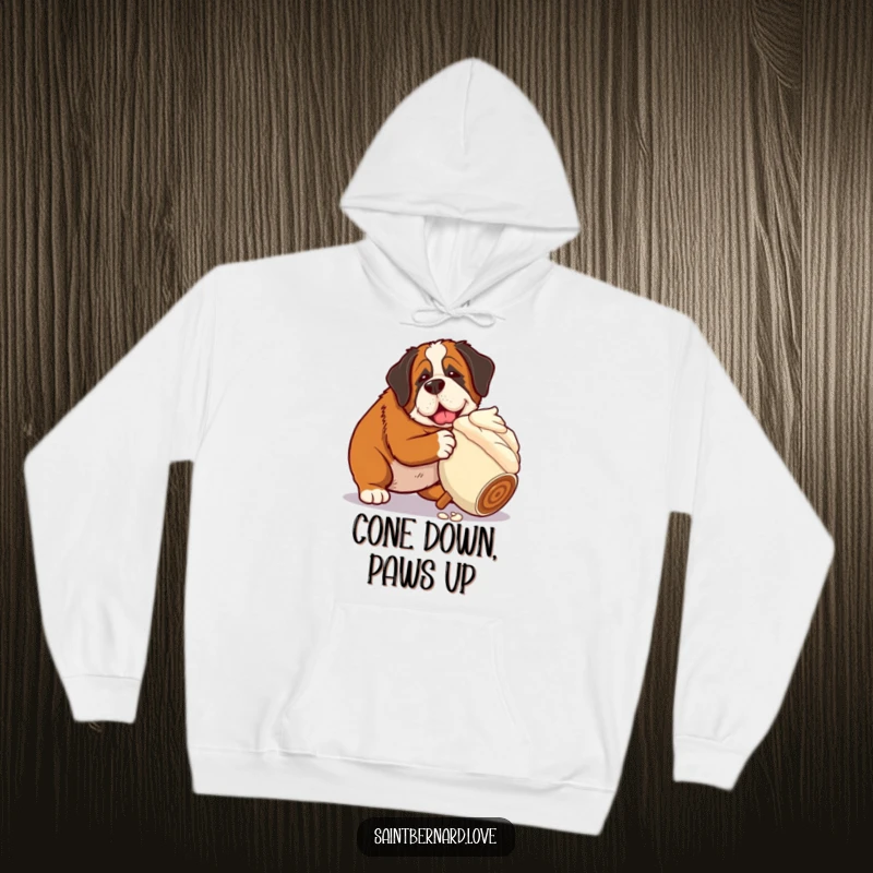 Funny Saint Bernard hoodie showing a dog about to nudge a huge, rolling ice cream cone, perfect for dessert lovers and comfy, humorous wear.