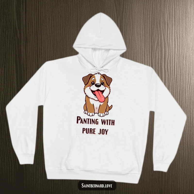Funny Kawaii Saint Bernard Hoodie: A happy puppy pants with its tongue out, offering funny comfort and joyful doggy vibes.