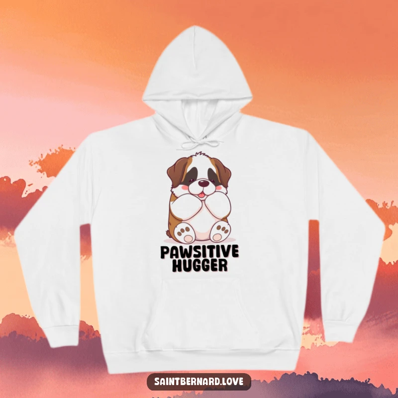 Funny Kawaii Saint Bernard Hoodie: A warm hoodie featuring a cute Saint Bernard giving a big bear hug with its paws, offering funny, cozy comfort.