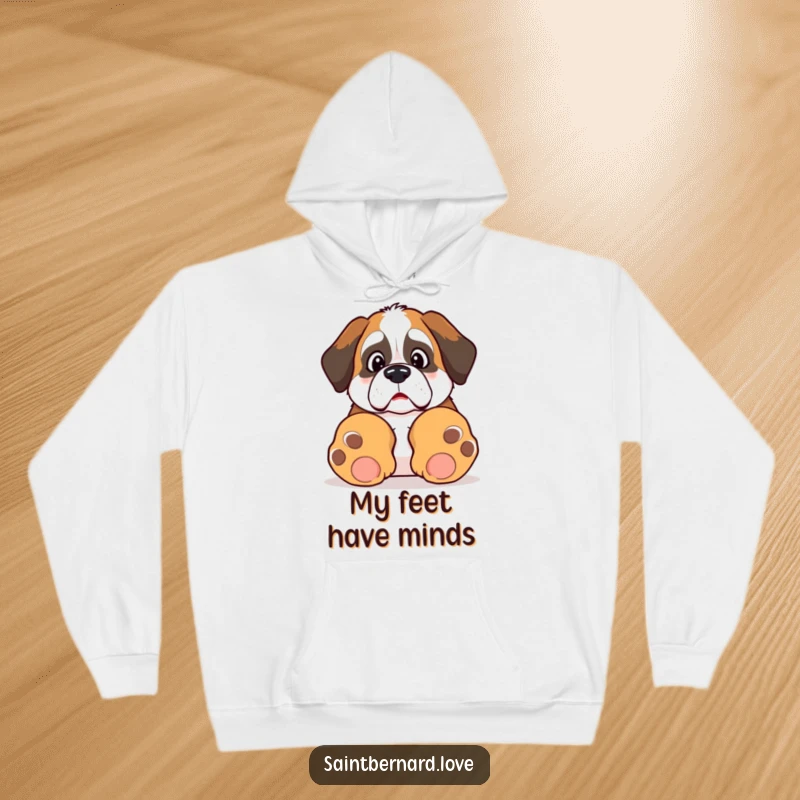Funny Kawaii Saint Bernard hoodie, showing a surprised dog tripping over its massive paws, designed for comfort and laughs.