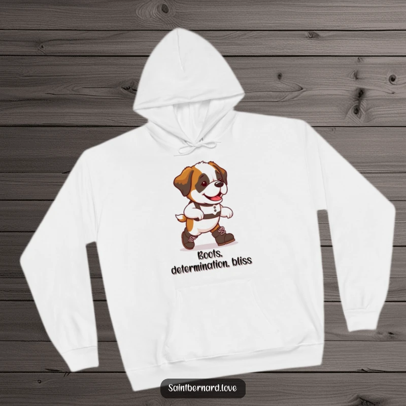 Funny Saint Bernard dog hoodie, oversized boots, marching with determined joy, warm and cozy for any dog enthusiast, a humorous clothing item.