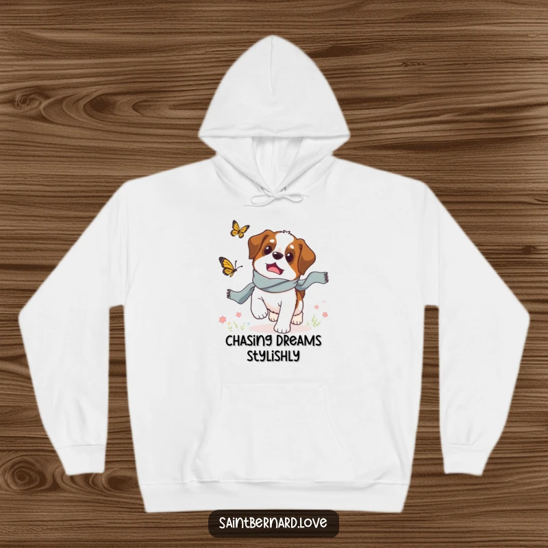 Funny Saint Bernard hoodie, a dog in a scarf chasing a butterfly, warm and humorous pet apparel.