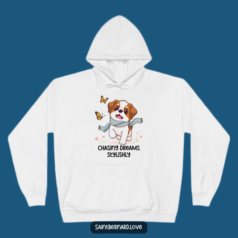 Cozy Funny Saint Bernard Butterfly Chase Hoodie: Warm & Humorous Pet Gift