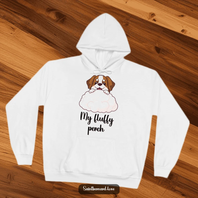 Funny Saint Bernard cloud hoodie showing a smiling dog peeking over a soft, puffy cloud, perfect for cozy days.