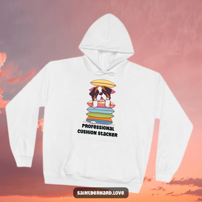 Funny Saint Bernard Hoodie: Soft hoodie featuring a Saint Bernard precariously balancing cushions, a warm and humorous wearable.