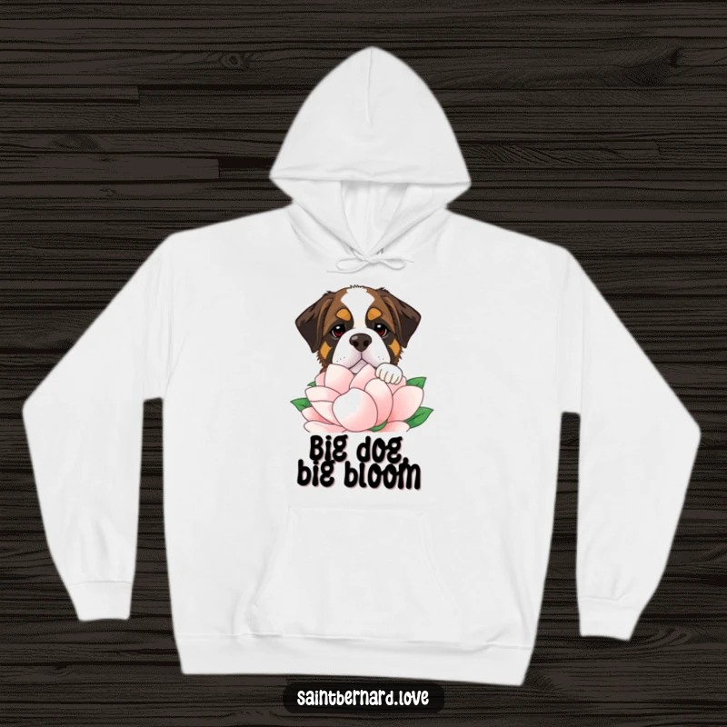 Funny Saint Bernard hoodie featuring a large dog's head peeking over a huge flower, embodying a sweet and comical personality.