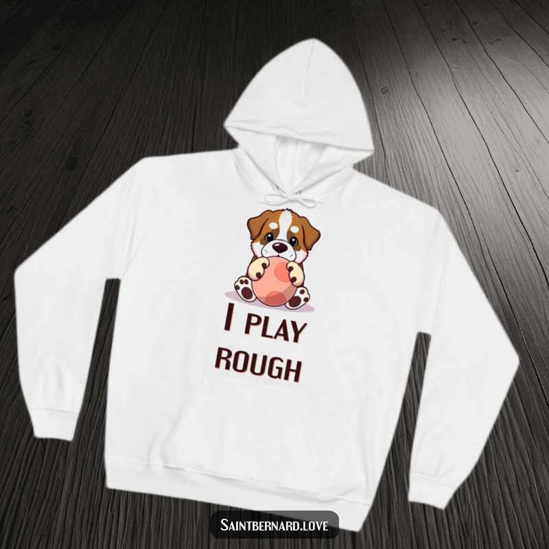 Funny Saint Bernard hoodie showing a cute Kawaii dog with large paws playing with a huge ball, providing warmth and fun. Great funny gift.