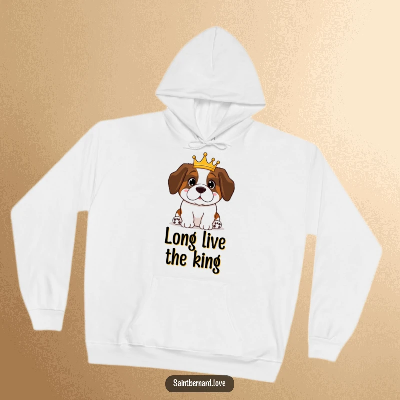 Funny Saint Bernard hoodie depicting a cute, crowned Kawaii dog sitting proudly, offering warmth and humor. Great funny gift.