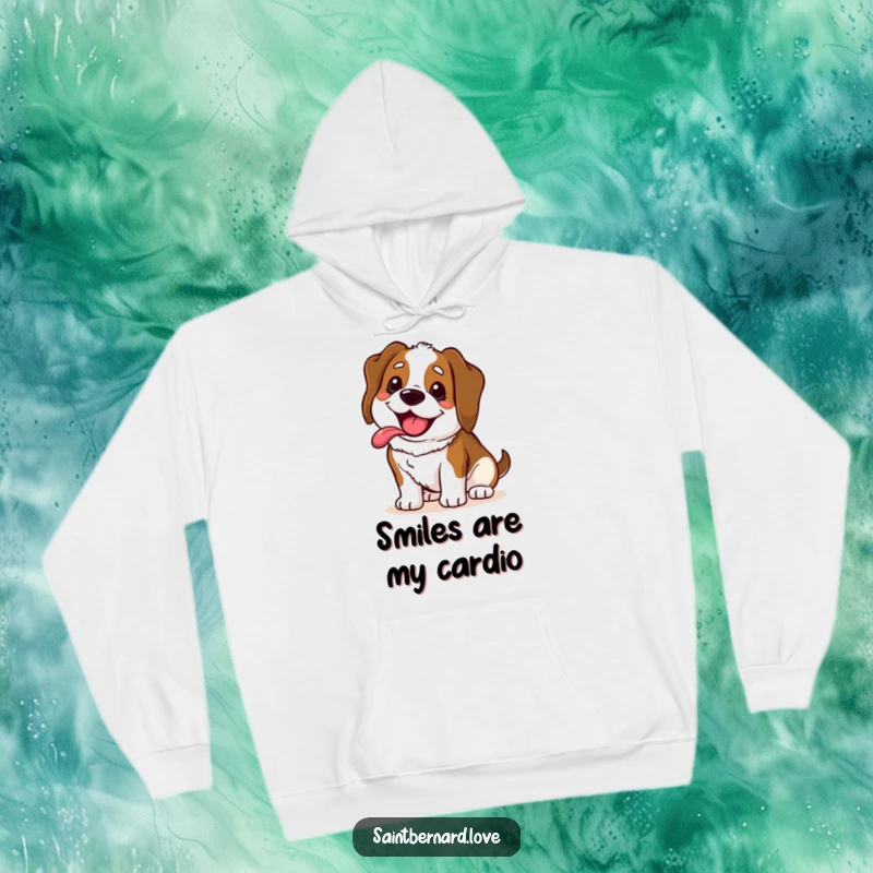 Funny Saint Bernard hoodie showcasing a kawaii dog with a massive, happy, panting grin, offering warmth and a cheerful disposition.