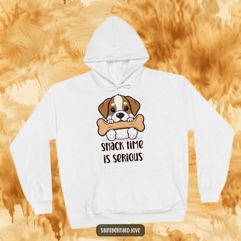 Funny Saint Bernard hoodie showing a kawaii dog peeking shyly from behind a giant dog bone, offering warmth and a touch of humor.