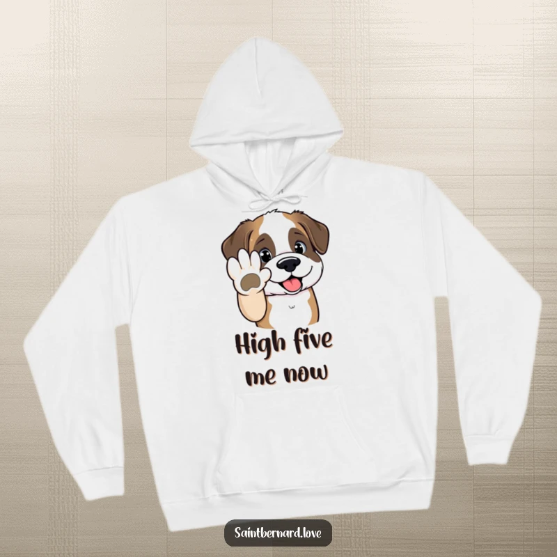 Funny Saint Bernard hoodie showcasing a kawaii dog offering its paw for a high-five, providing warmth and a boost of cheerful energy.