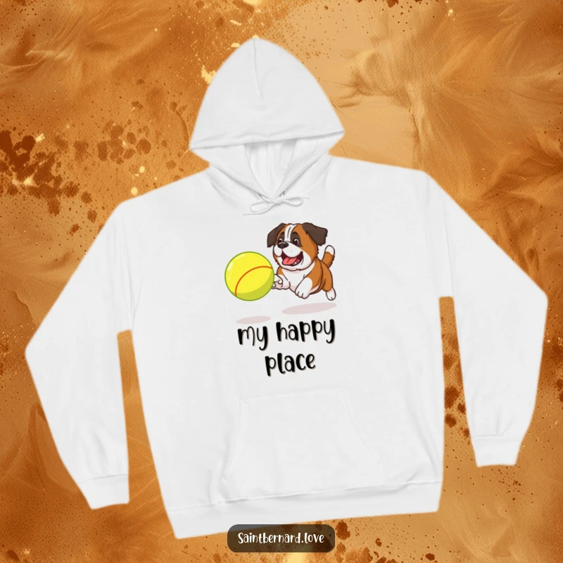 Funny Saint Bernard tennis ball hoodie showing a dog excitedly chasing a large ball, perfect for active days.