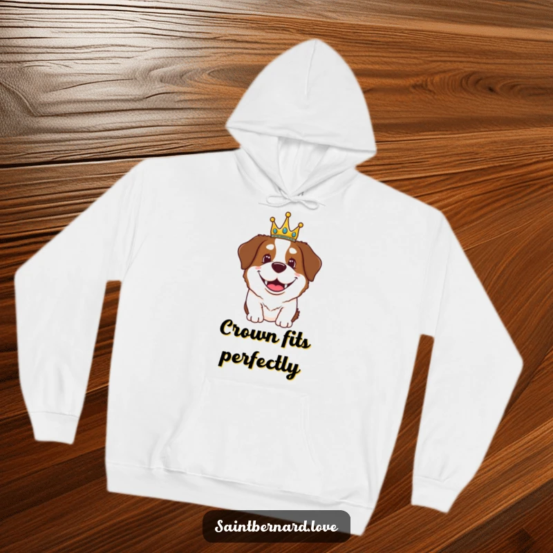 Funny Saint Bernard hoodie showing a smiling dog proudly wearing a tiny crown, exuding delightful royal vibes.
