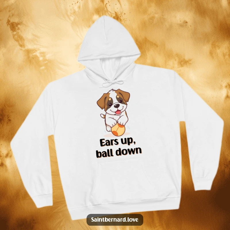 Funny Saint Bernard Puppy Hoodie: A warm hoodie showcasing an endearing Saint Bernard puppy with long, floppy ears gleefully pursuing a rolling ball.
