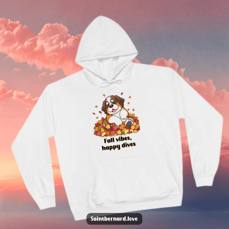 Funny Saint Bernard hoodie with a large dog blissfully rolling in a pile of colorful autumn leaves, perfect for cozy fall days.