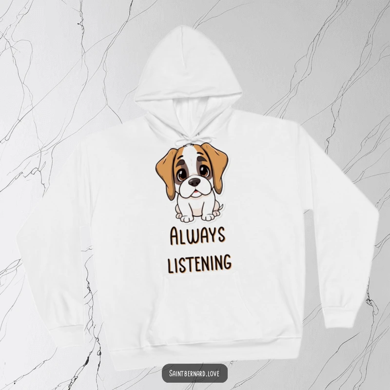 Funny Kawaii Saint Bernard Hoodie: A lovable dog with droopy ears perked in curiosity, ready for adventure. A cozy and funny gift.