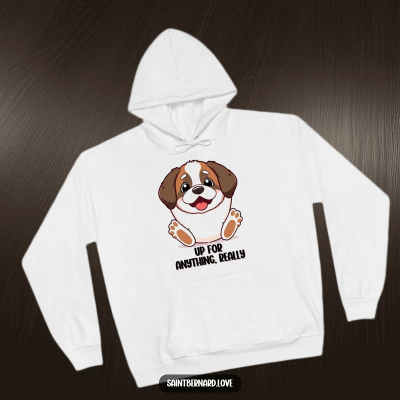 Funny Kawaii Saint Bernard Hoodie depicting a cute dog with paws stretched upwards, looking excited, offering cozy comfort.